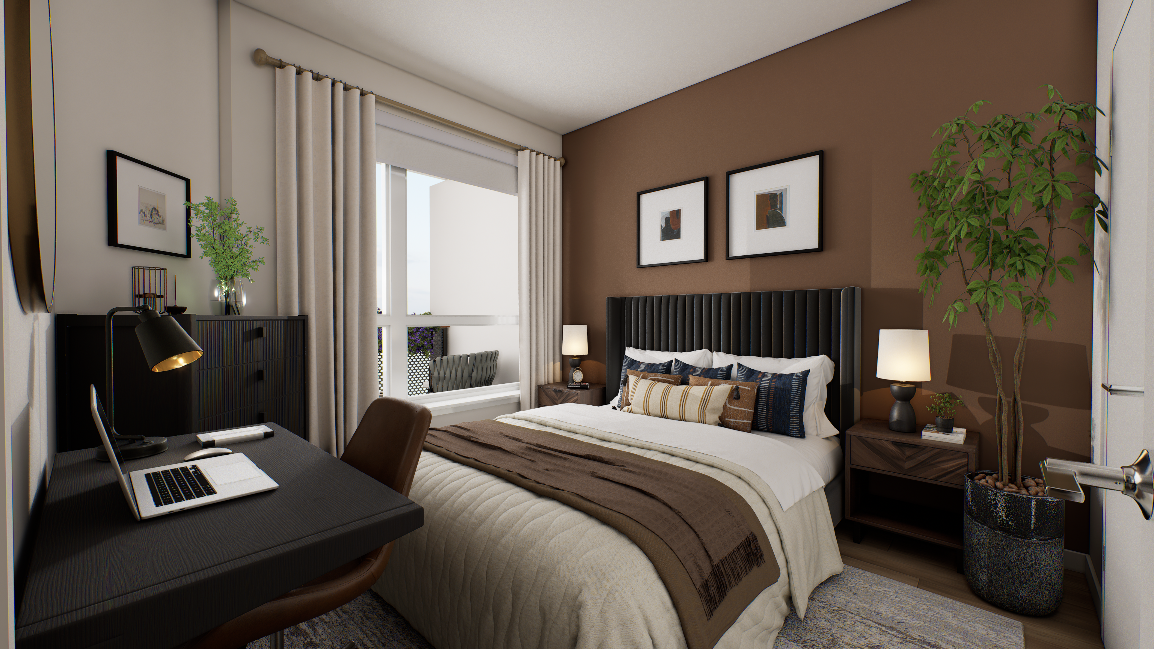 Bedroom furnished with modern furniture and wall art at The Colton in Redwood City, California