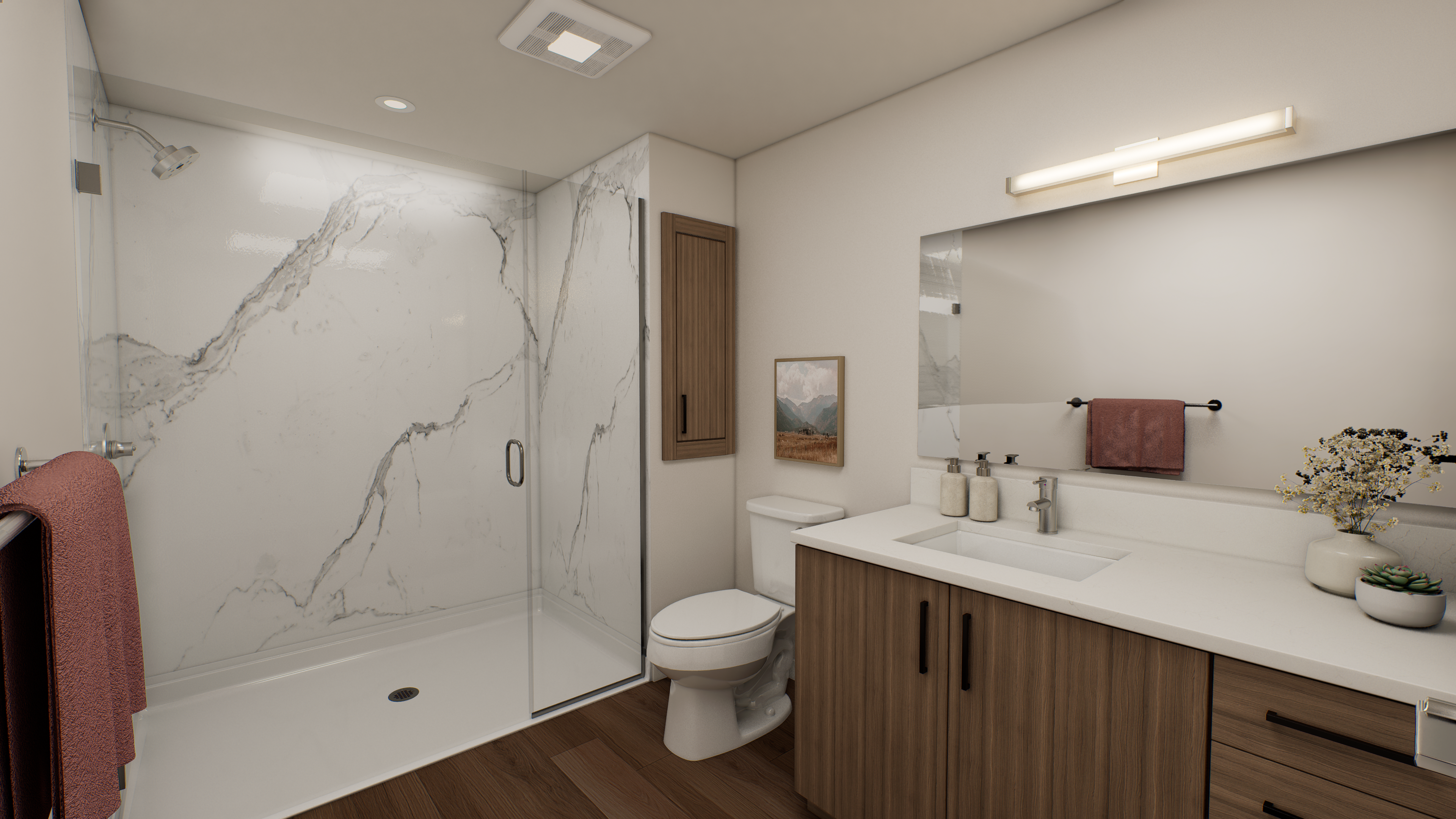 Modern bathroom with a large vanity at The Colton in Redwood City, California