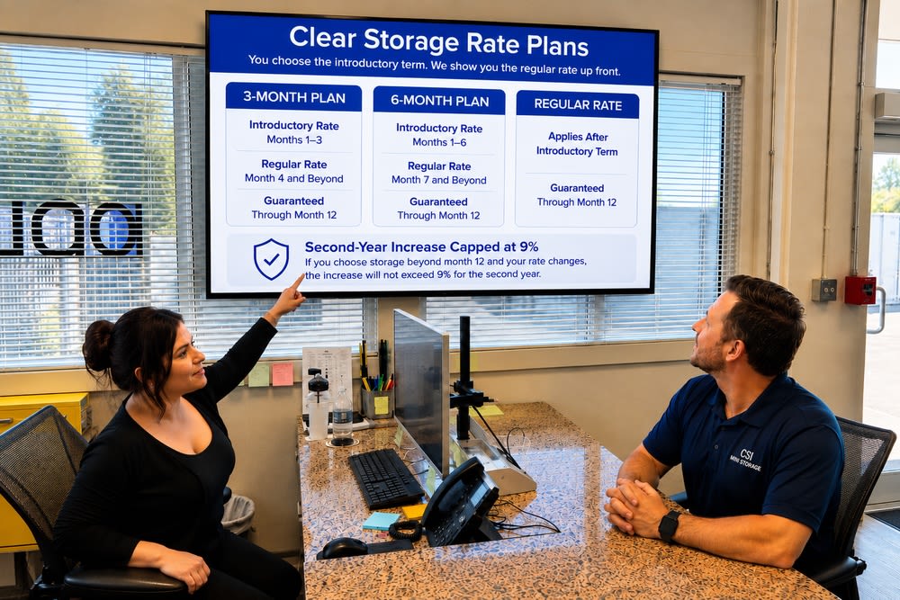 CSI Mini Storage Richmond employee reviewing clear storage rate plans and move-in fees with a customer