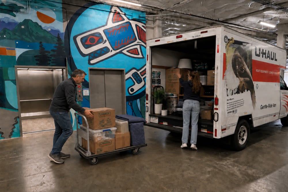 Customer using a moving cart in the covered loading area at CSI Mini Storage Tacoma