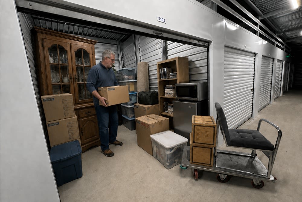 10x10 storage unit with boxes and furniture at CSI Mini Storage Tacoma