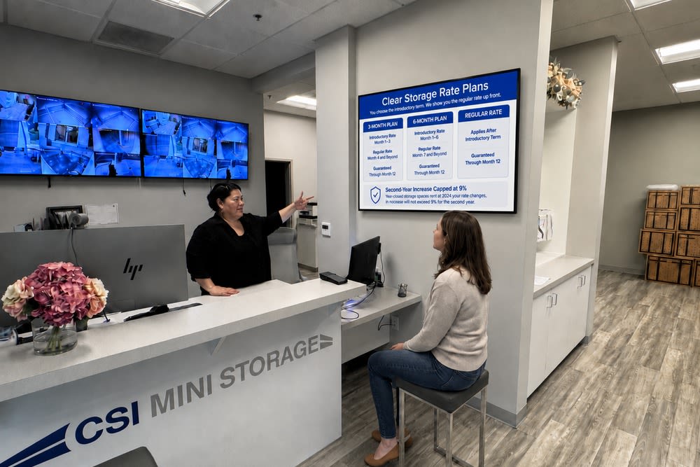 Customer reviewing storage rate plans at CSI Mini Storage Tacoma