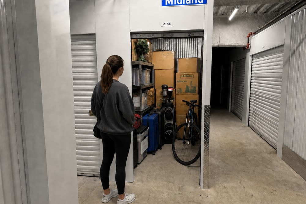 5x5 storage unit in Tacoma, WA with boxes, luggage, shelving, golf clubs, holiday decorations, bicycle, and a person for scale
