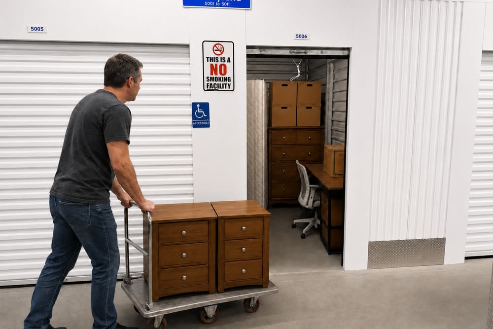 10x5 storage unit in Tacoma, WA with a mattress, dresser, boxes, desk and chair being moved into an organized interior unit