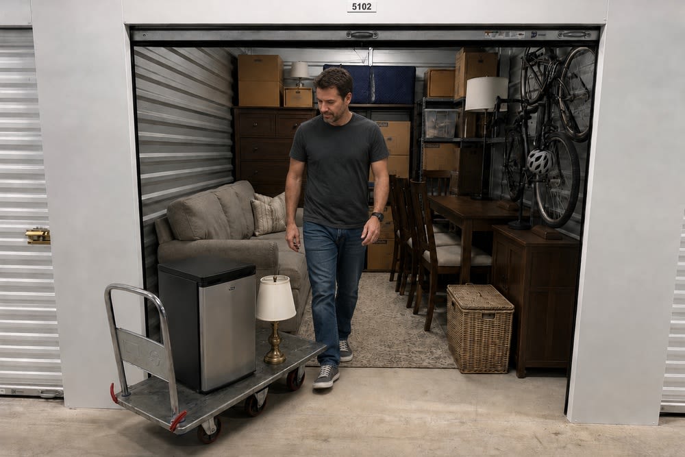 10x15 storage unit in Tacoma, WA with couch, bedroom furniture, shelving, bicycles, dining furniture, boxes and household items
