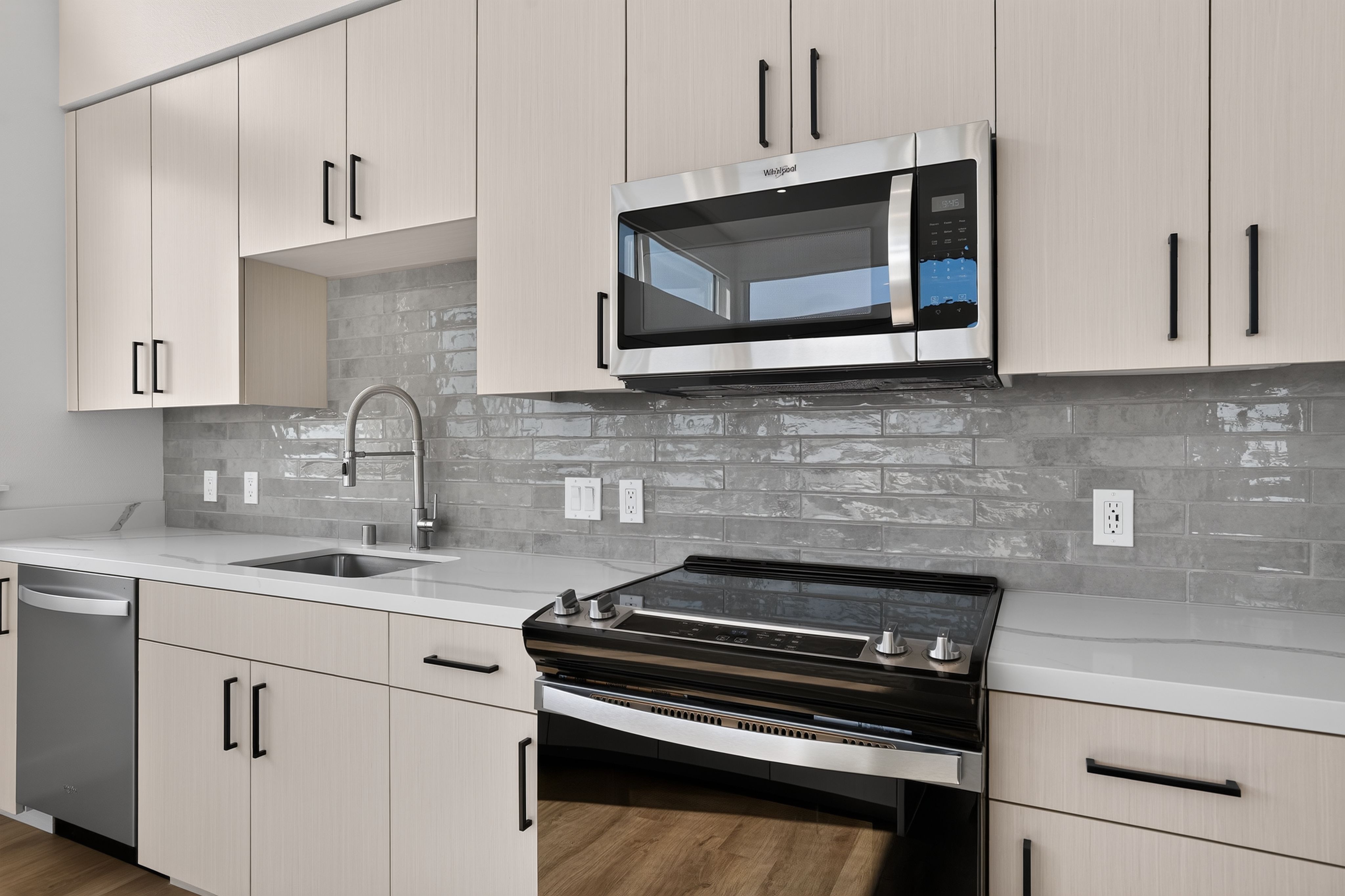 Granite countertops with stainless steel appliances at The Colton in Redwood City, California