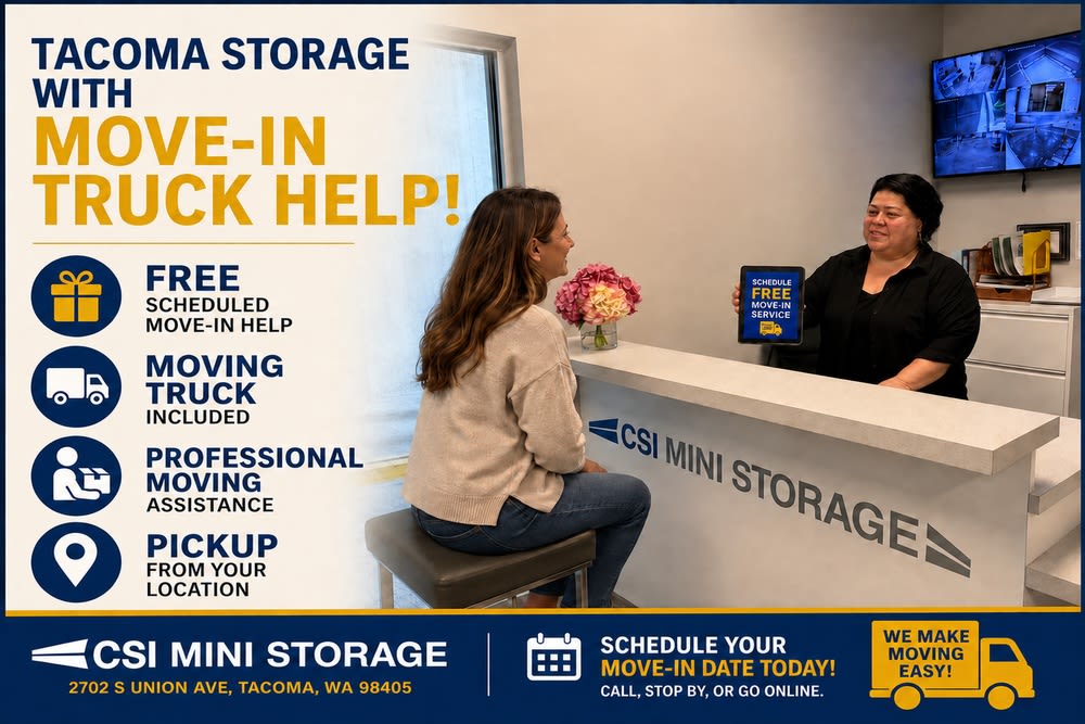 Customer scheduling free move-in help with a CSI Mini Storage Tacoma manager