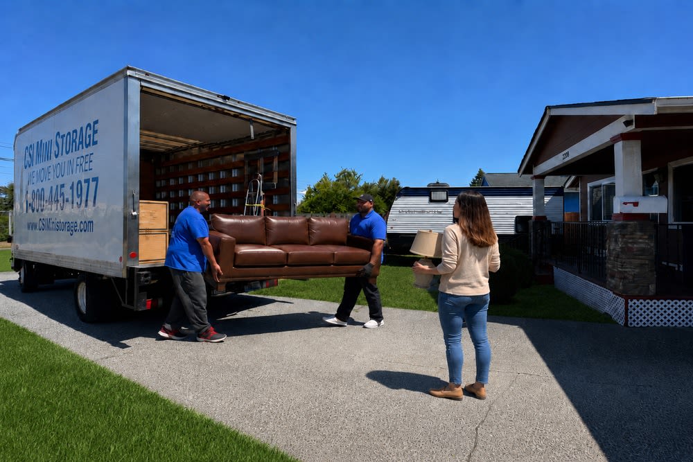 Two movers loading a brown leather sofa from a Tacoma customer's home into a CSI Mini Storage truck