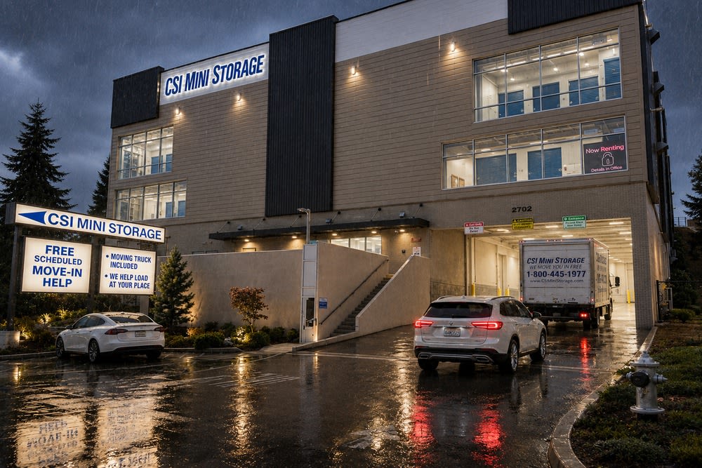 CSI Mini Storage Tacoma move-in truck arriving inside the covered loading area during rainy weather