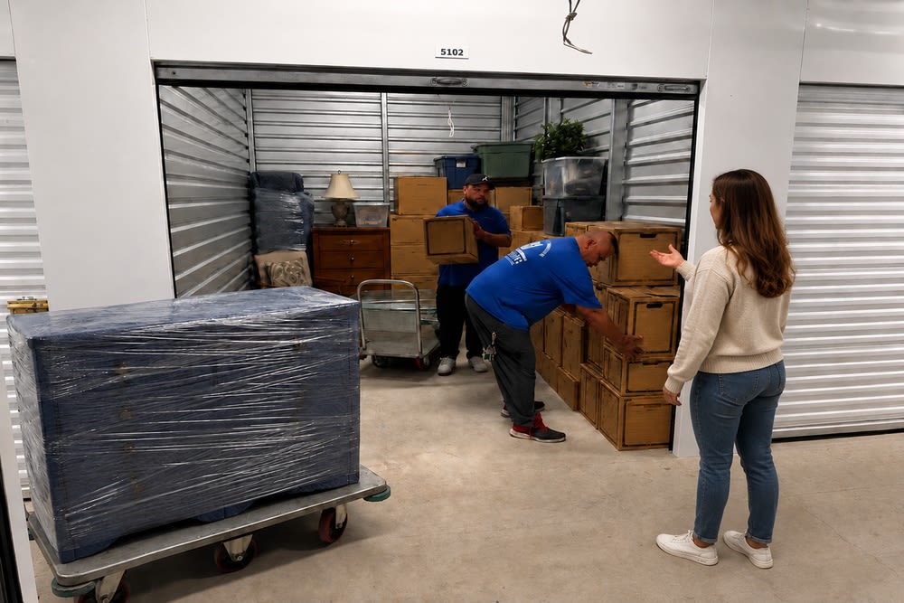 CSI Mini Storage Tacoma movers loading boxes and furniture into a storage unit while the customer directs placement