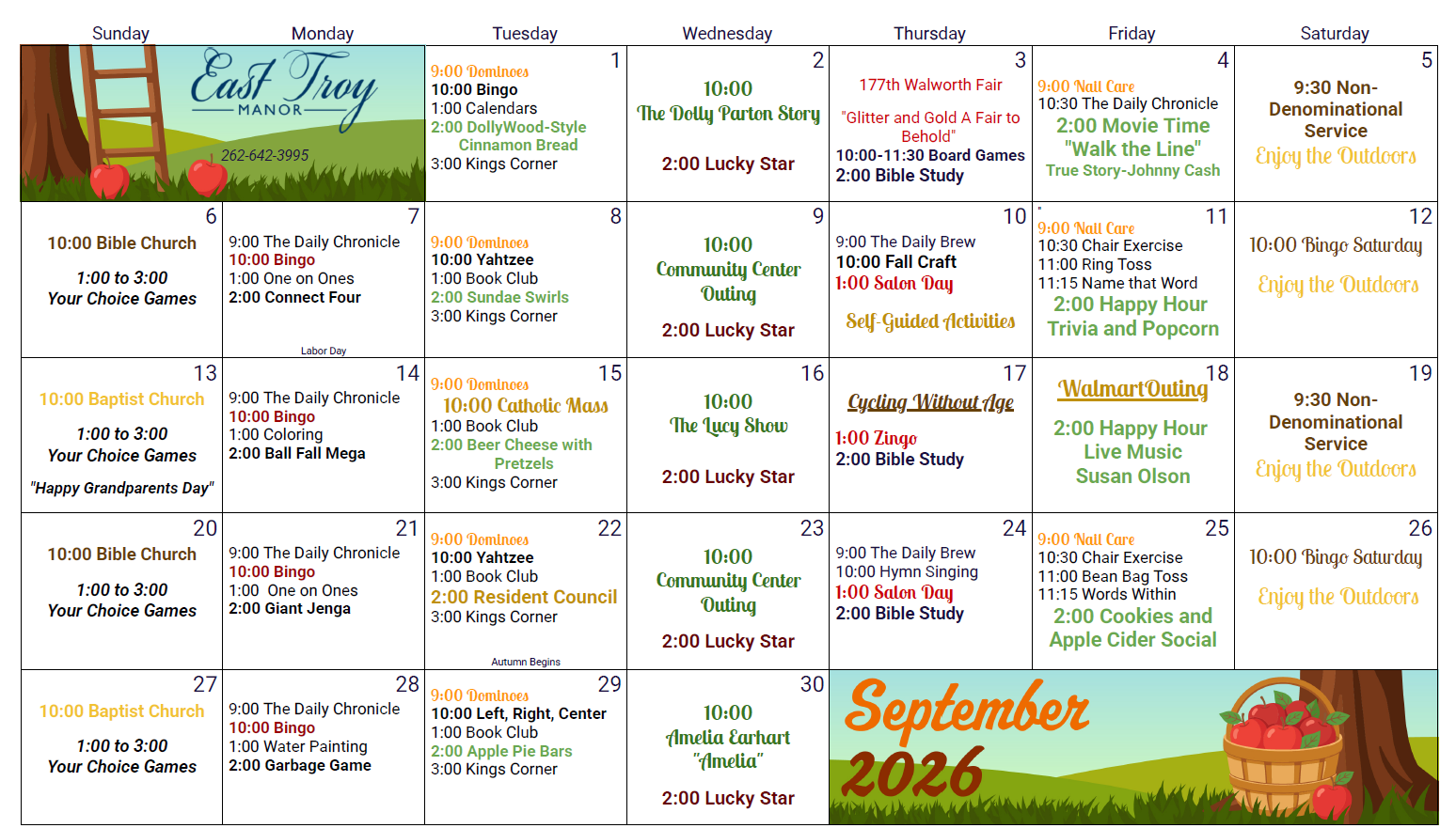 September 2026 activity calendar at East Troy Manor in East Troy, Wisconsin