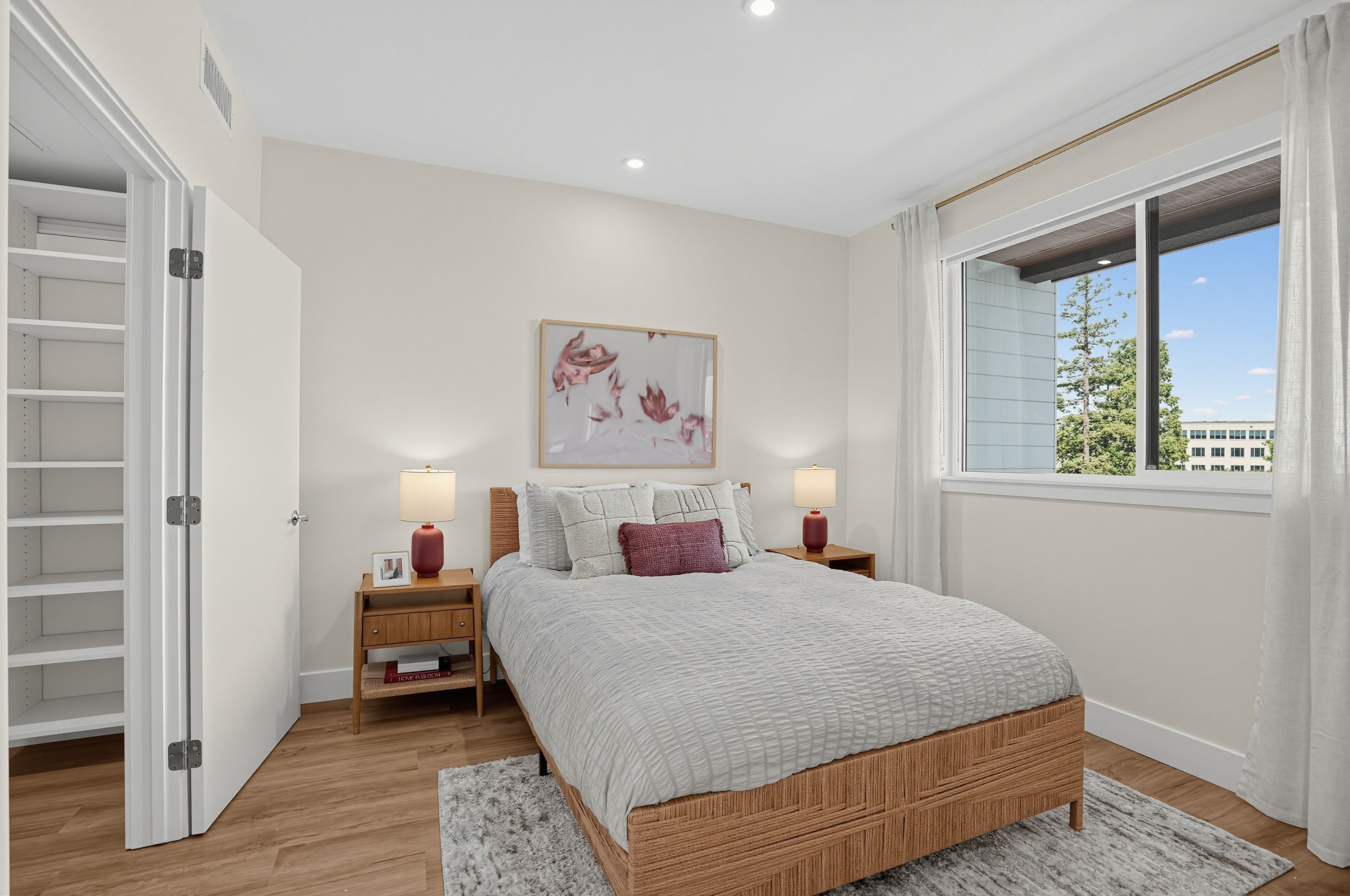 Bedroom with wall art at The Colton in Redwood City, California