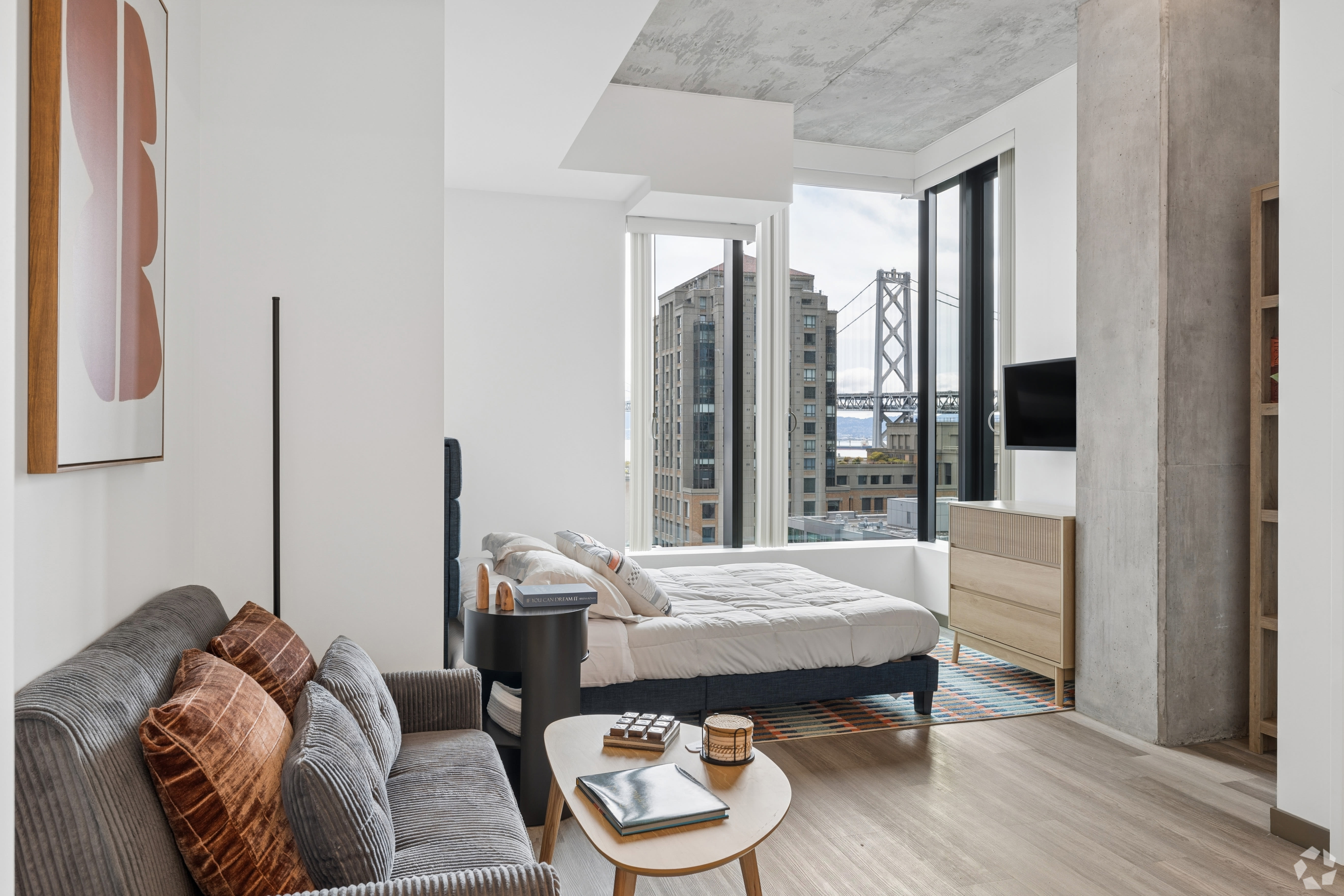 Rendering of living and sleeping area in studio apartment at Lark Landing in San Francisco,California