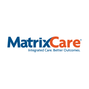 MatrixCare Logo with the word Matrix in dark blue, the word Care in orange, and the subtitle Integrated Care. Better Outcomes. in dark blue