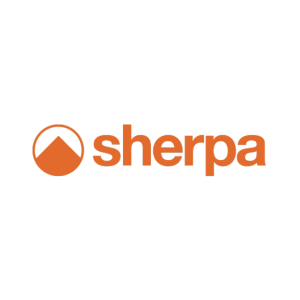 Sherpa logo in orange with a sillouette of a mountain inside a circle next to the text sherpa.