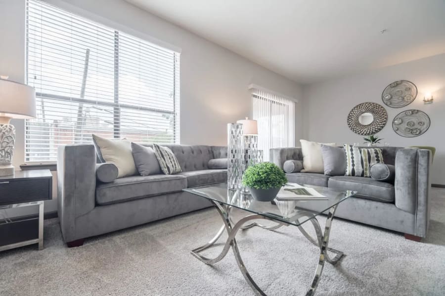 Model living area in a unit at Link at Plano in Plano, Texas