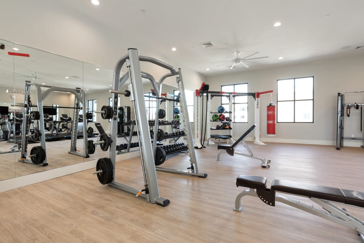 Weight lifting equipment in the fitness center at The Aubrey in Tempe, Arizona