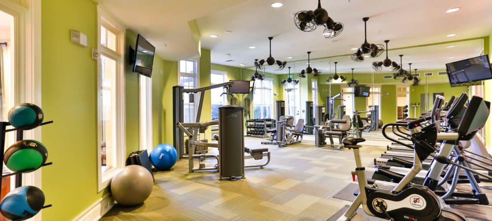 Full sized fitness center at Fountains at Mooresville Town Square in Mooresville, North Carolina