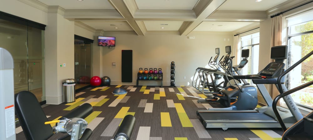 Full-sized treadmills and more cardio equipment in the fitness center at 2370 Main at Sugarloaf in Duluth, Georgia
