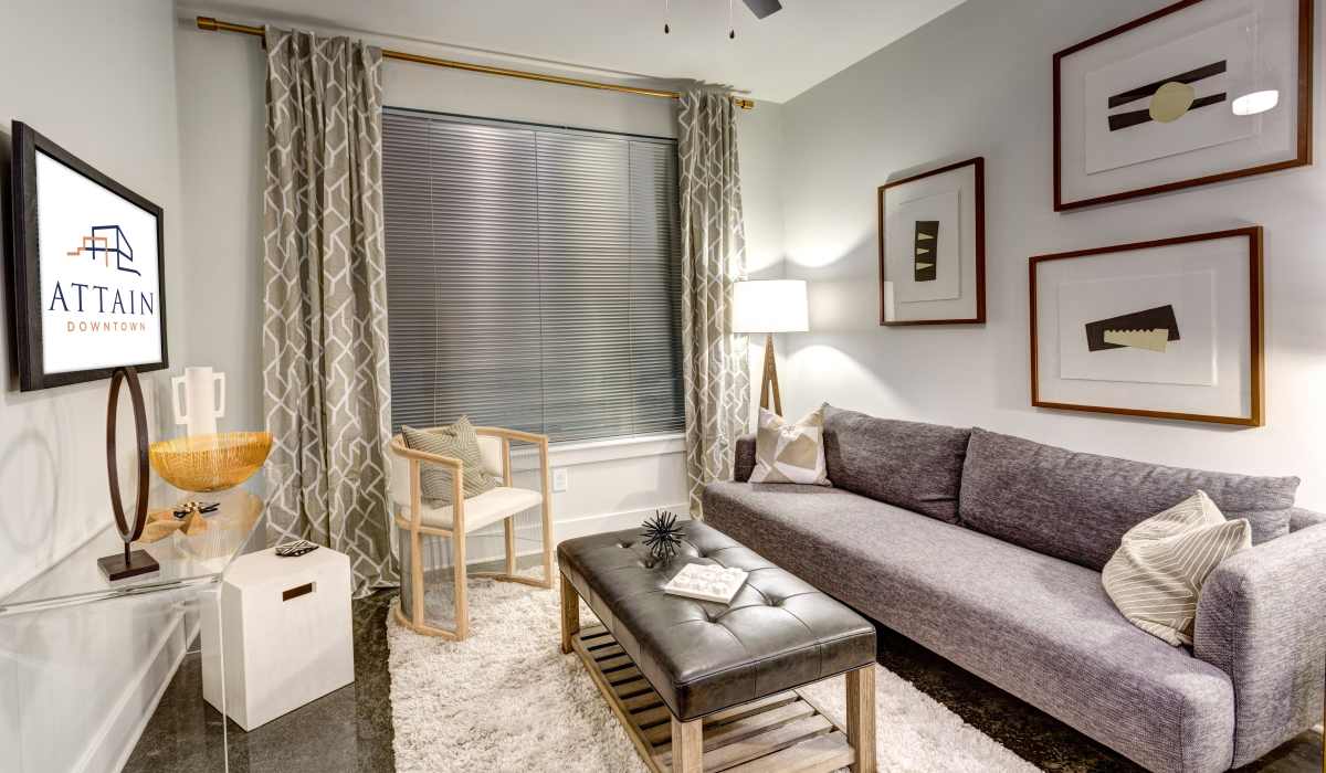 Living room in an apartment at Attain Downtown, Norfolk, Virginia