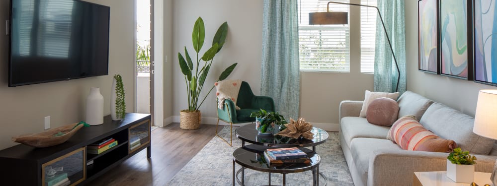 A spacious living room at SoLa Apartments in Los Angeles, California