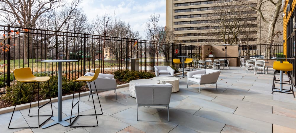 Large outdoor seating area at Main Street Apartments in Rockville, Maryland