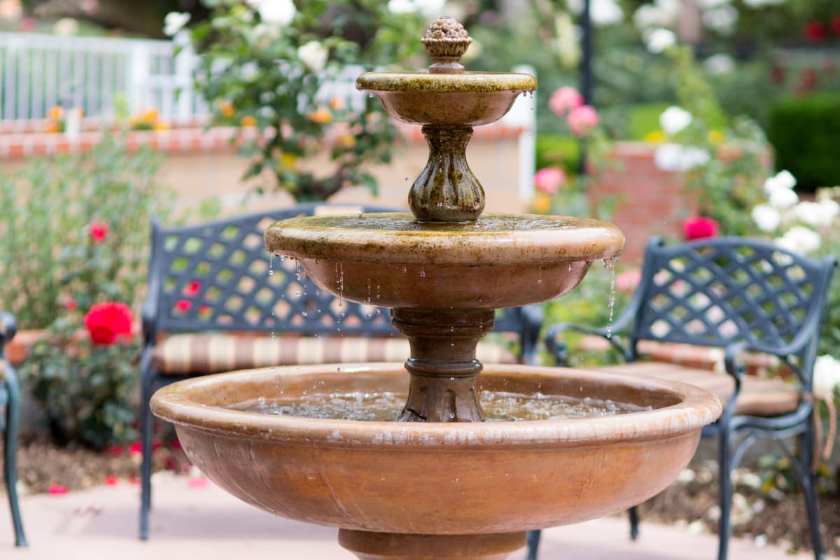 A fountain in the garden at Gables of Ojai in Ojai, California