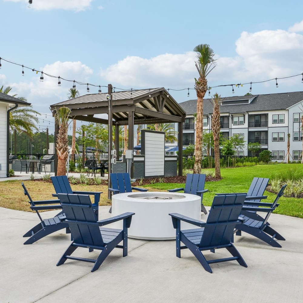 Covered outdoor seating on a patio at Novo Westlake in Jacksonville, Florida