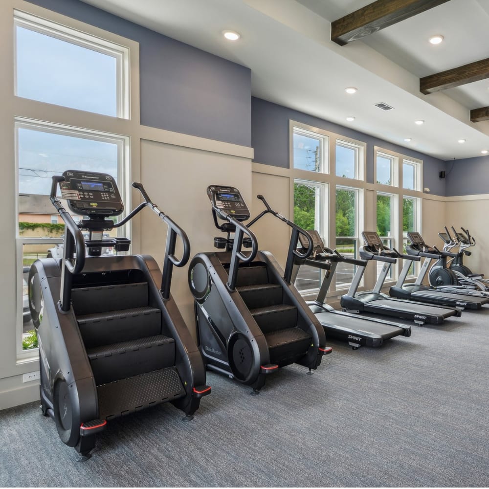 Weightlifting equipment in the fitness center at Novo Westlake in Jacksonville, Florida