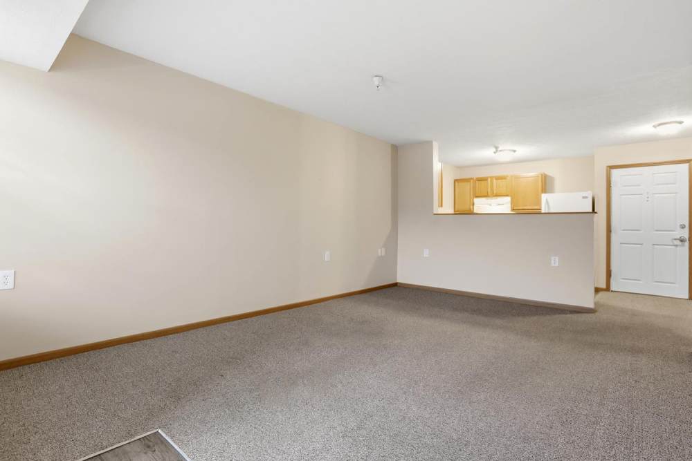 Spacious living area with carpet flooring and open kitchen layout featuring wood cabinets and appliances at Norwood Greene Senior Living in Marietta, Ohio