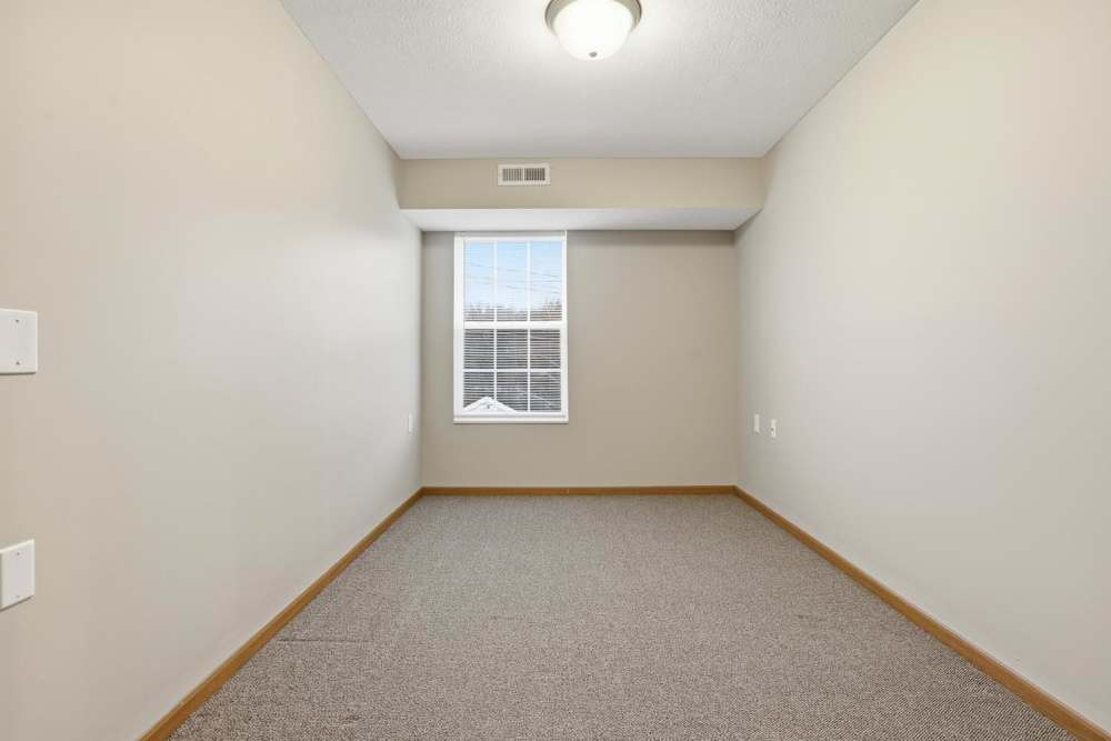 Empty room with beige walls, carpet flooring, and a window letting in natural light at Norwood Greene Senior Living in Marietta, Ohio