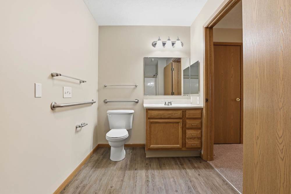 Modern bathroom with wood-style flooring, oak vanity, large mirror, and grab bars for accessibility at Norwood Greene Senior Living in Marietta, Ohio