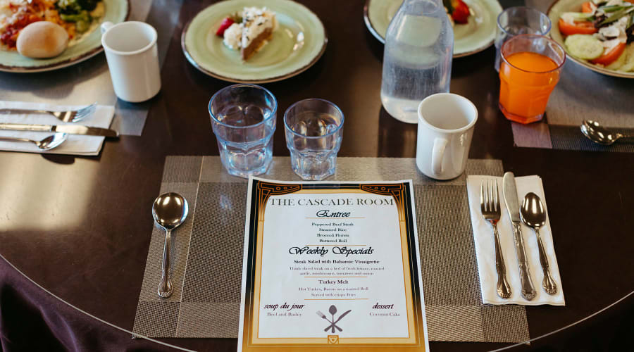 Cascade Room dining menu at Cascade Park Vista Assisted Living in Tacoma, Washington