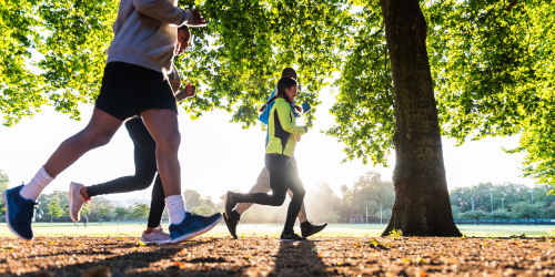 A group of residents jogging in the morning in a park near  Kernwood Terrace in Los Angeles, California