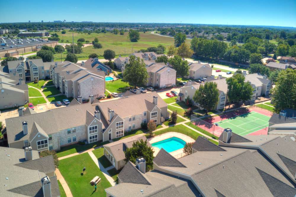 Aerial view of the community and its amenities at Savannah Square & Savannah Harbor in Norman, Oklahoma