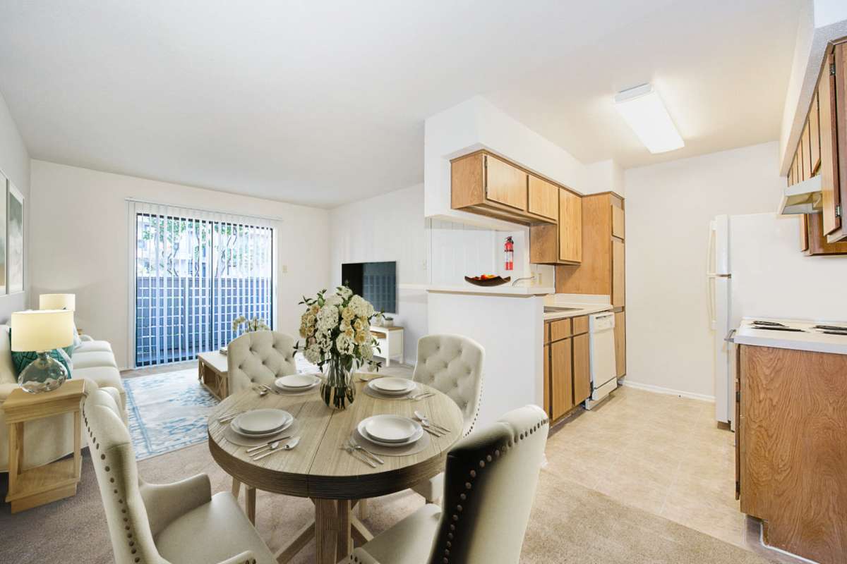 Dining room and kitchen at Whispering Creek Villas, San Antonio, Texas