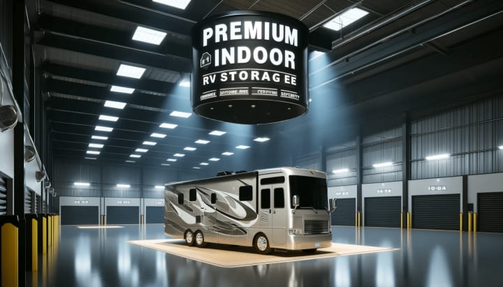 A high-end indoor RV storage facility featuring a climate-controlled environment, modern security systems, and spacious parking bays, emphasizing protection and premium care for recreational vehicles at modSTORAGE 1118 Airport Rd, Monterey, CA 93940