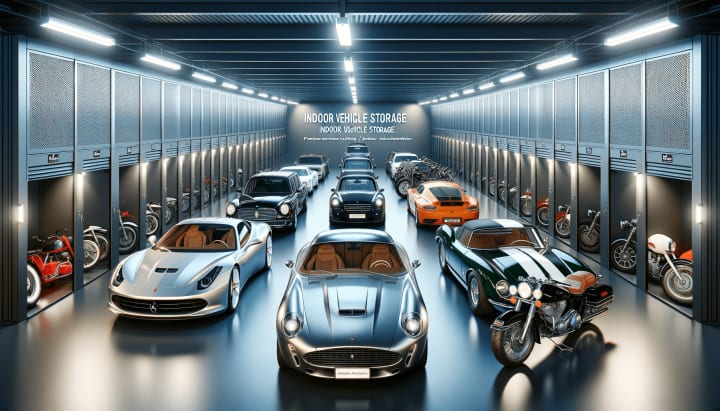A high-end indoor vehicle storage facility with climate control and advanced security systems, showcasing neatly parked and covered luxury cars and vintage motorcycles, ideal for preserving high-value vehicles. modSTORAGE