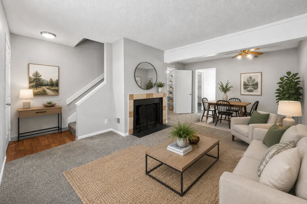 Comfortable living room with carpet flooring and in-home fireplace at Union Flats & Townhomes in Lawrence, Kansas