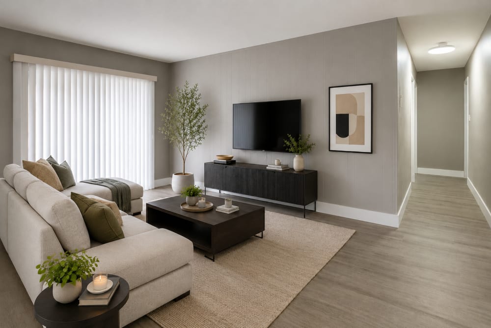 Model living room opening into a private patio at The Ridge in Merrillville, Indiana