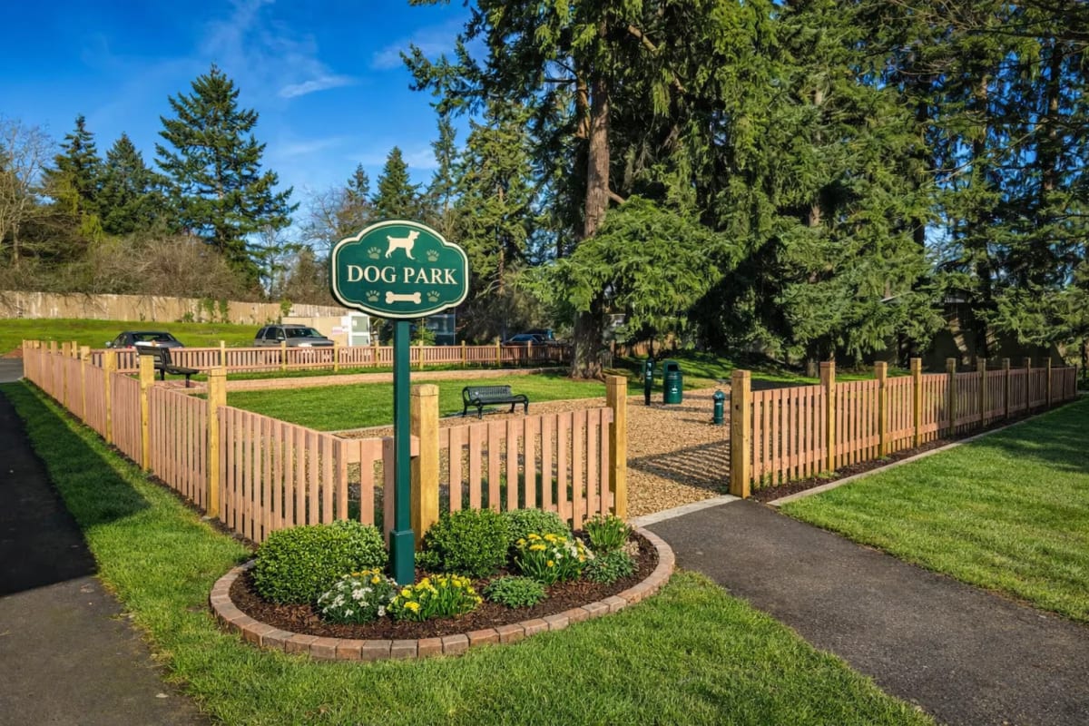On‑site dog park with fenced play area at Briarstone in Tacoma, Washington
