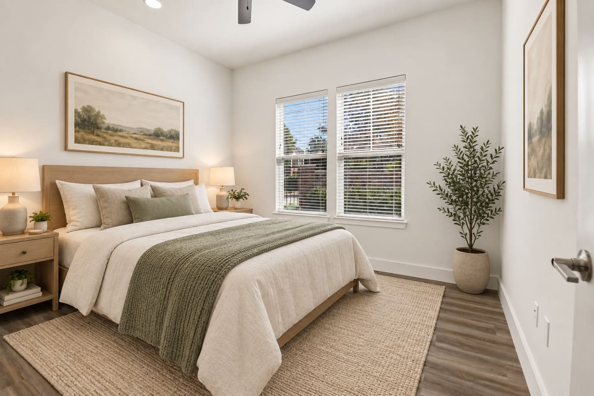 Modern-style bedroom with ceiling fan at Elevate at Skyline in McKinney, Texas