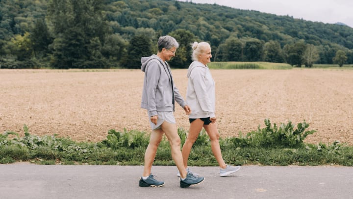 An elderly couple strolls on a road beside a lush field