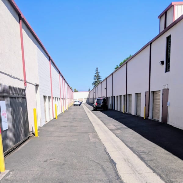 Outdoor drive-up storage units at StorQuest Self Storage in Rancho Cucamonga, California