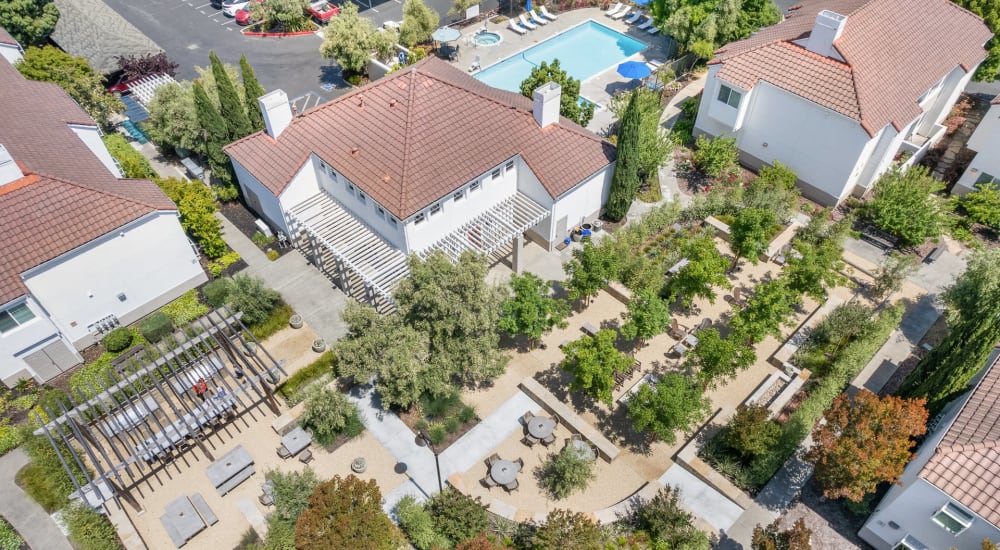 Aerial view of exterior at Capri Creek Apartments in Petaluma, California