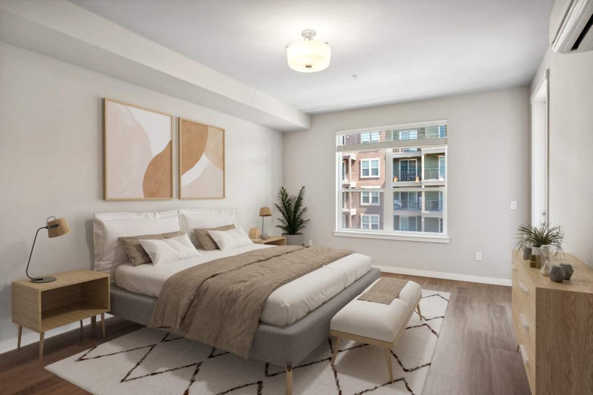 Apartment bedroom at Village on Main in Tacoma, Washington