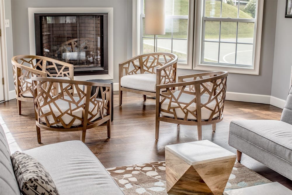 Fireside seating in the clubhouse at Summit at Mill Ridge in East Haven, Connecticut