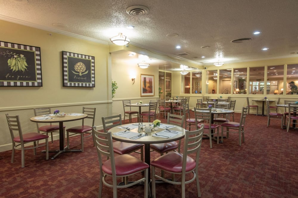 Brightly lit dining area at Park Place Senior Living in Sacramento, California