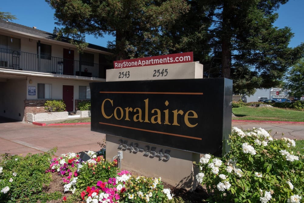Coralaire sign and entrance at Coralaire Apartments in Sacramento, California