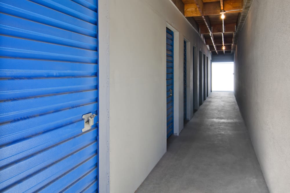 Hallway storage units at A-American Self Storage in Palmdale, California